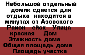 Небольшой отдельный домик сдается для отдыха, находится в 5 минутах от Азовского › Район ­ ейск › Улица ­ красная  › Дом ­ 30 › Этажность дома ­ 1 › Общая площадь дома ­ 46 › Площадь участка ­ 600 › Цена ­ 1 500 - Краснодарский край, Ейский р-н, Ейск г. Недвижимость » Дома, коттеджи, дачи аренда   